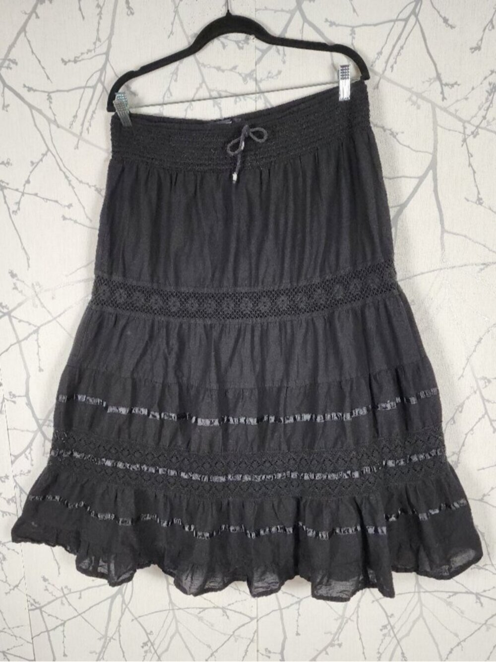 Coupe Black Cotton Lace Trim Flowy Tiered Maxi Skirt